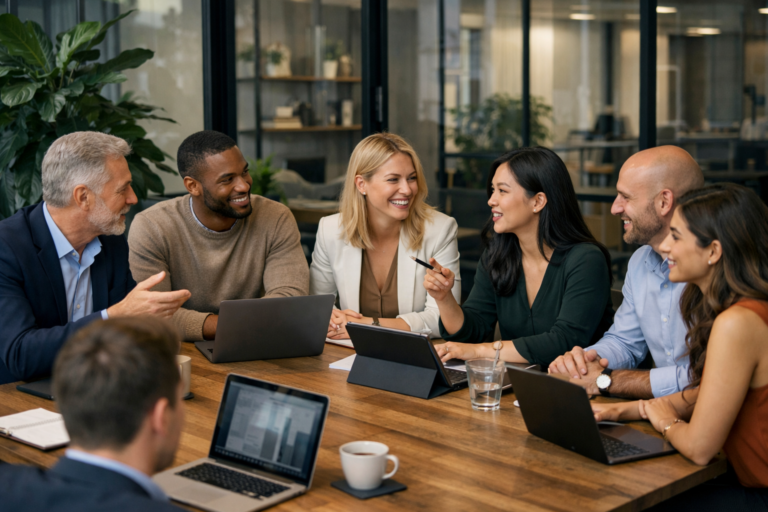 Business team applying natural language processing to business strategy