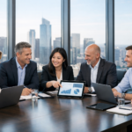 Business team applying synthetic data to business strategy