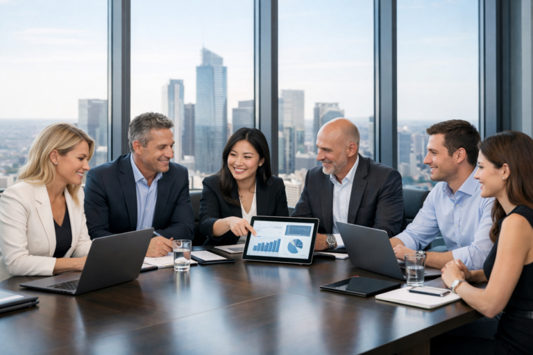 Business team applying synthetic data to business strategy