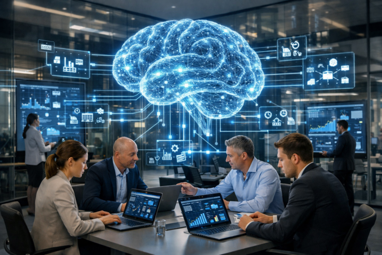 Business team applying synthetic data to sales