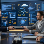 Business team applying synthetic data to finance
