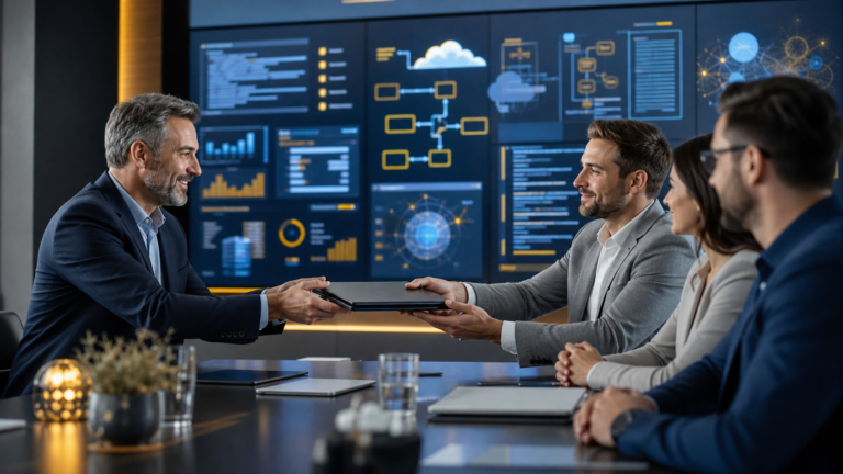 Business team applying synthetic data to finance