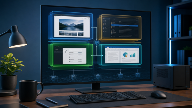Qubes OS with KUHBS: A Reasonably Secure Operating System for Daily Use Desktop monitor displaying isolated browser, email, password manager and office virtual machines